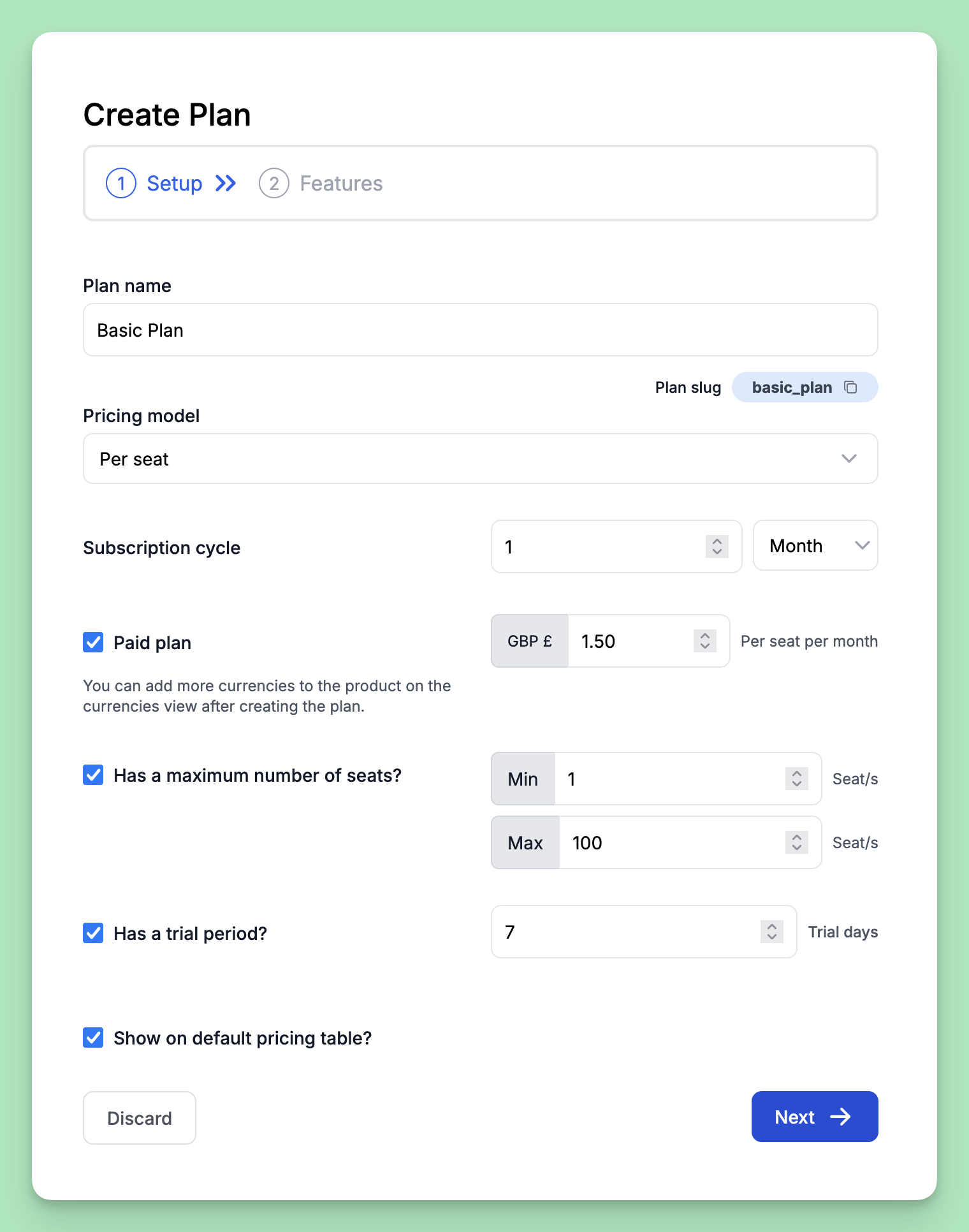 Provide the name and pricing details for your plan.