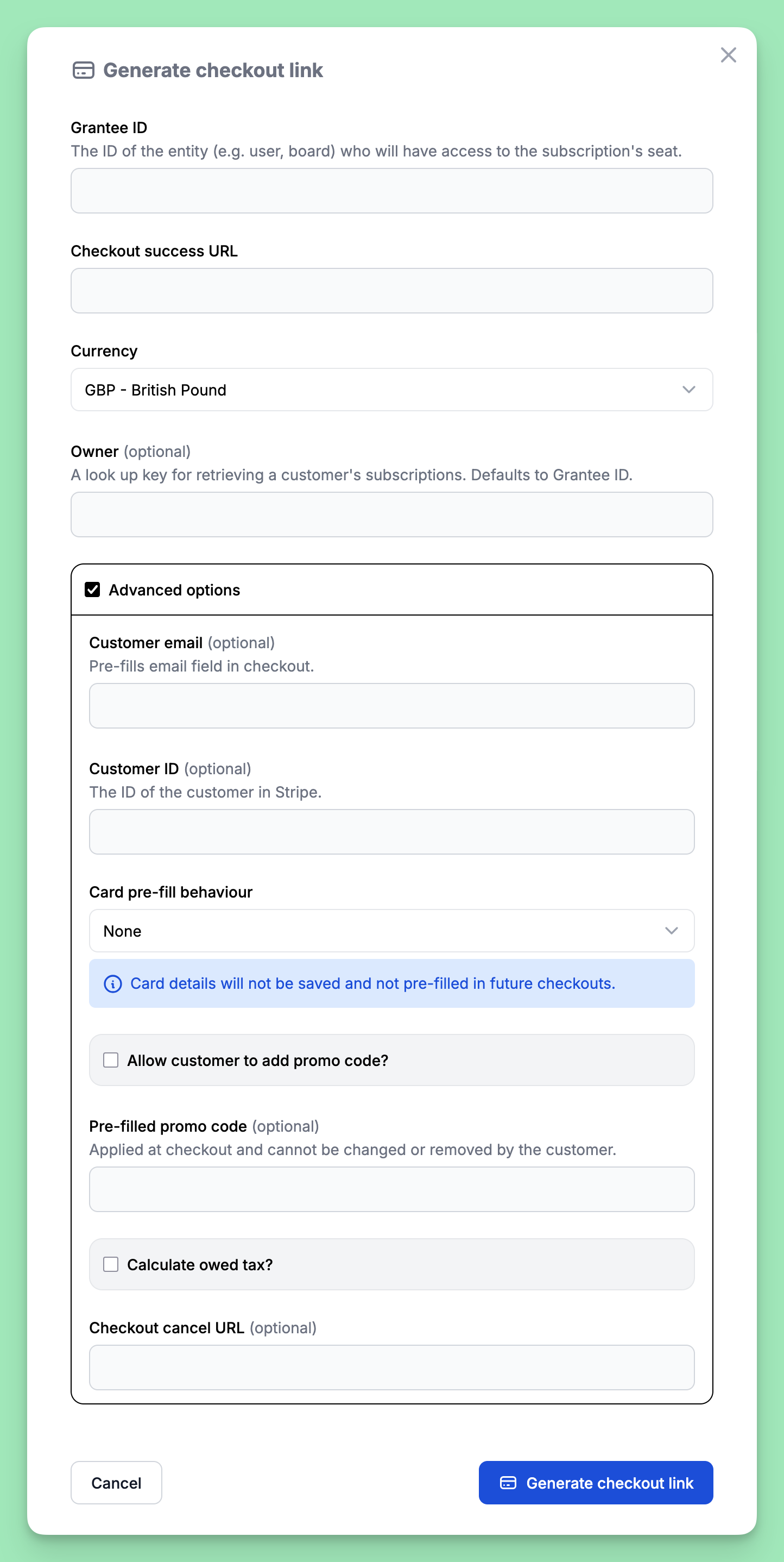 Provide the details for your checkout link