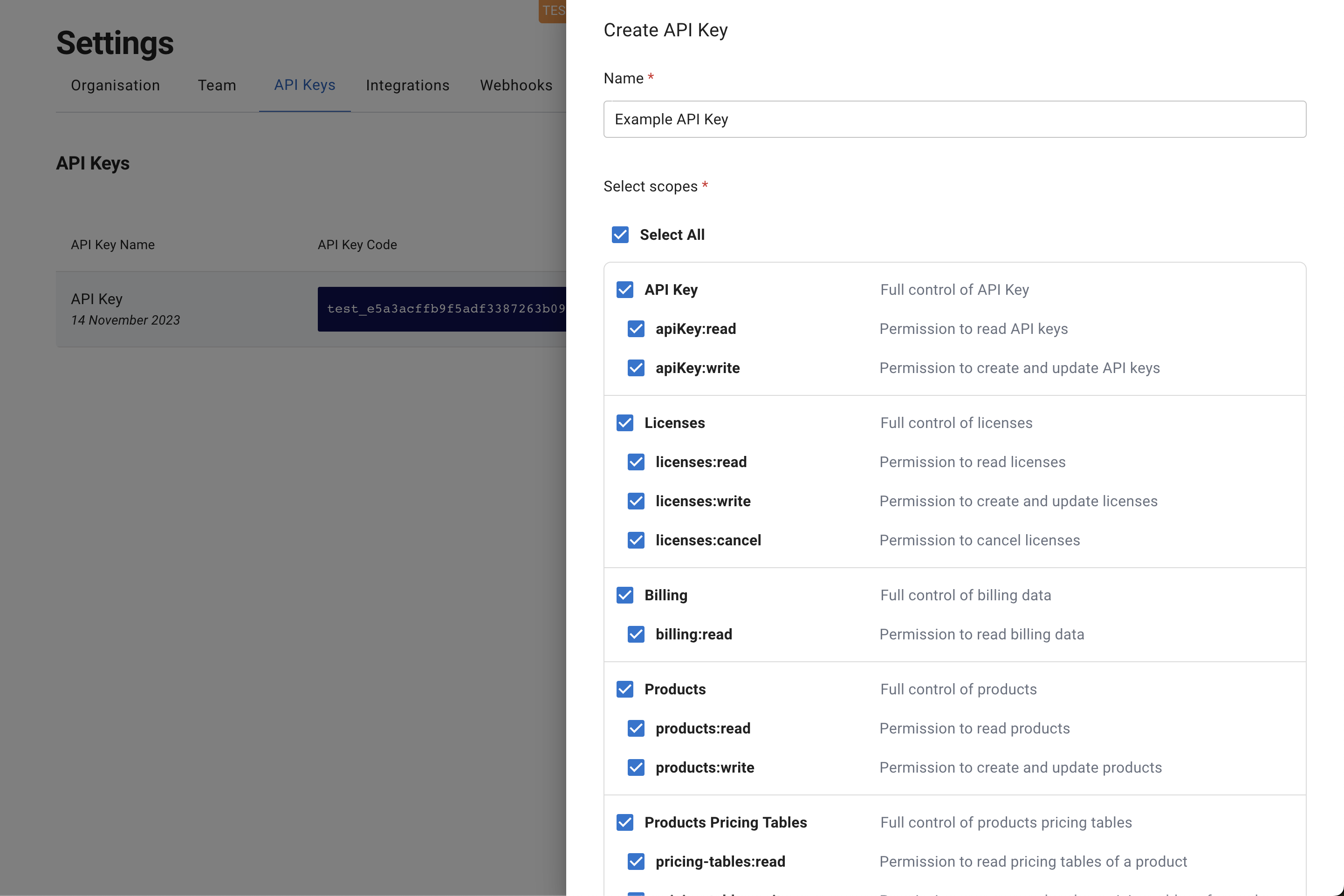 Creating an API key with Salable