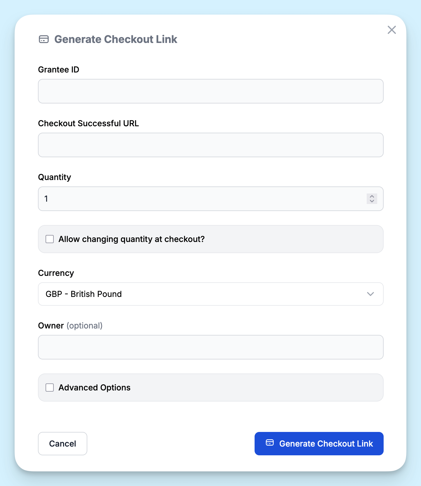 Generate checkout link form