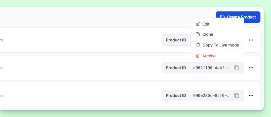 Move to live action on the products list