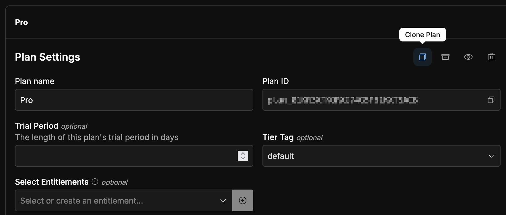 Clone Plan button highlighted in the Plan Settings dashboard